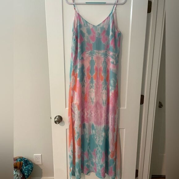 Lulus Flying Watercolors Tie Dye Fuchsia Print Maxi Dress with Slit - Picture 3 of 4